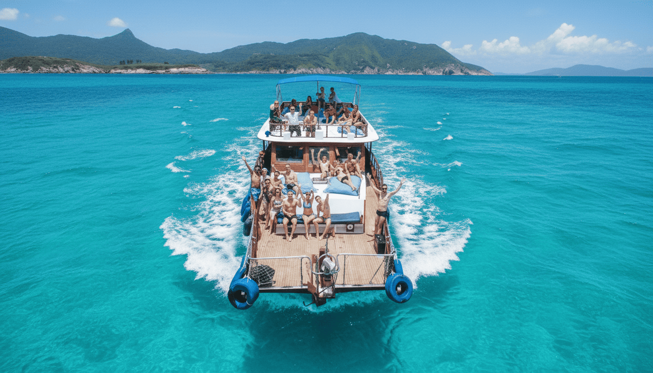 Island Junks junk boat from above, guests enjoying the water